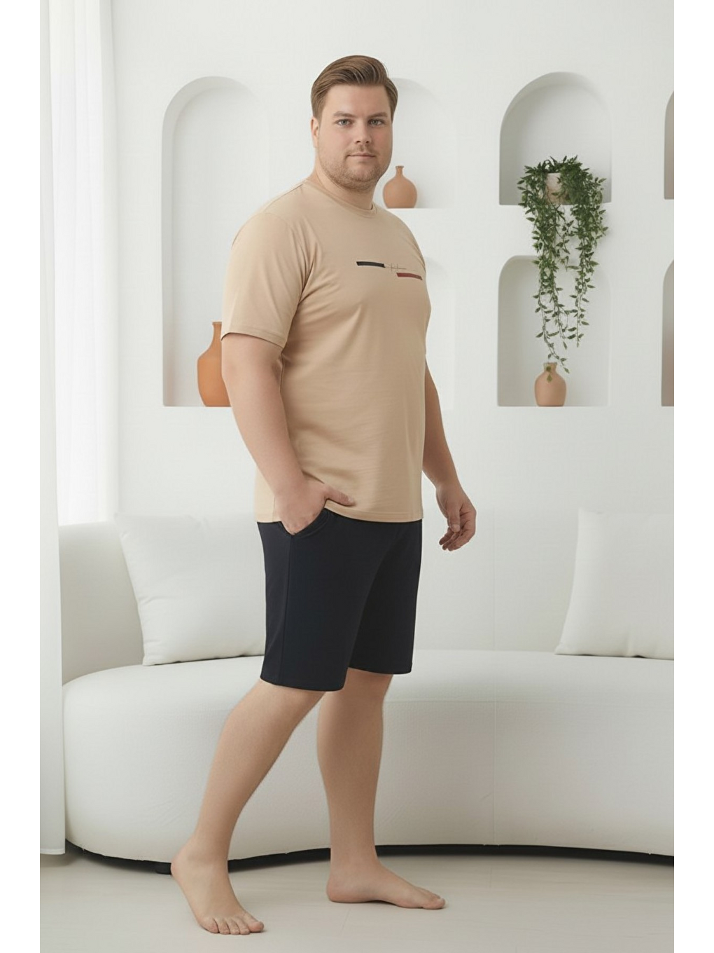 Bej %100 Pamuklu Kısa Kollu Cepli Büyük Beden Erkek Şortlu Pijama Takımı 2035-1