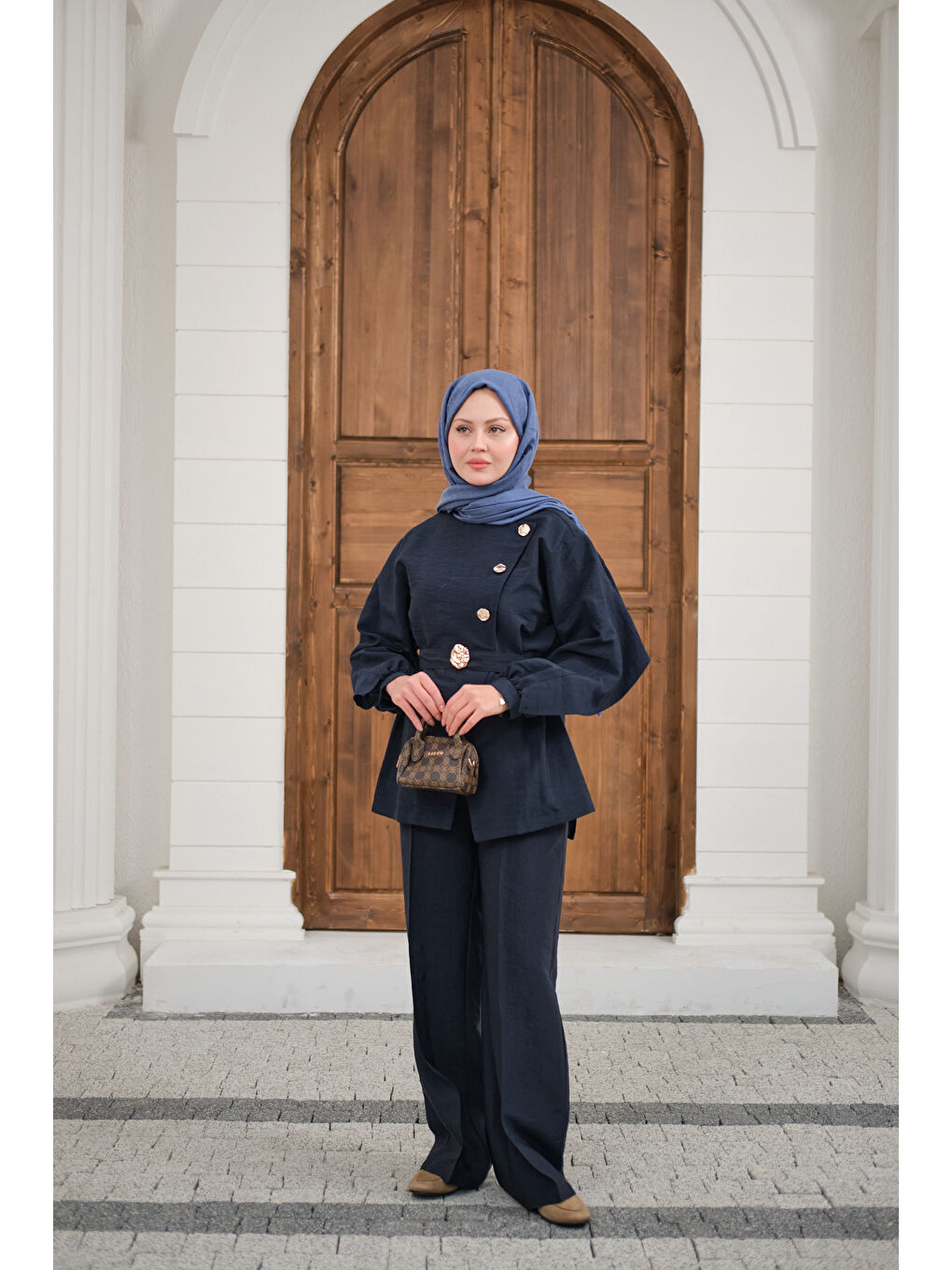 Kadın Gold Kemerli Düğme Detay Takım Lacivert-3