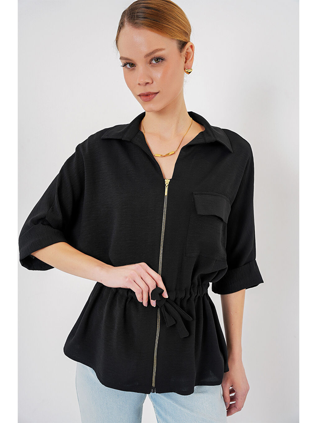 Fermuarlı Kadın Gömlek 0721 - Siyah-3