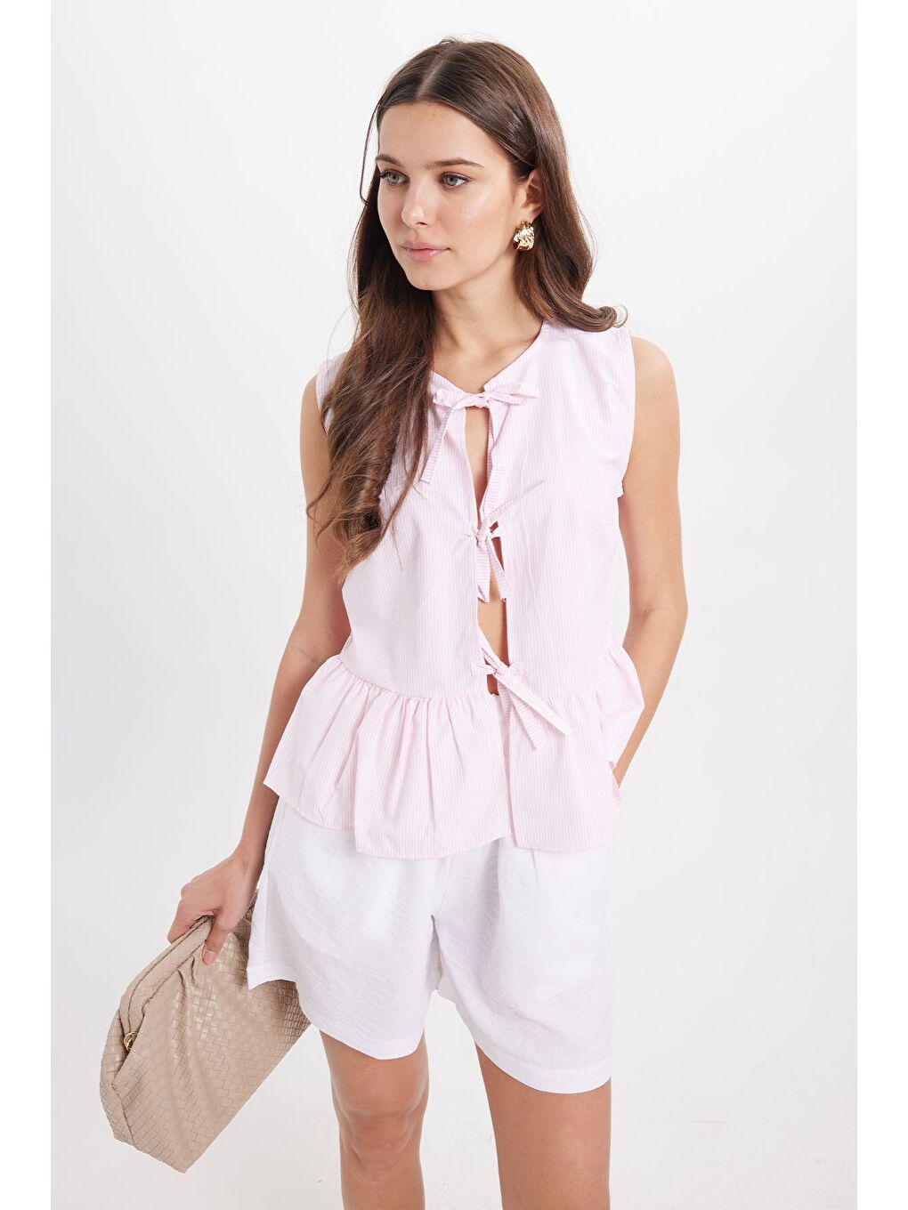 Kadın Slim Fit Dar Kesim Önden Bağlamalı Pamuklu Çizgili Pembe Bluz Gömlek-3