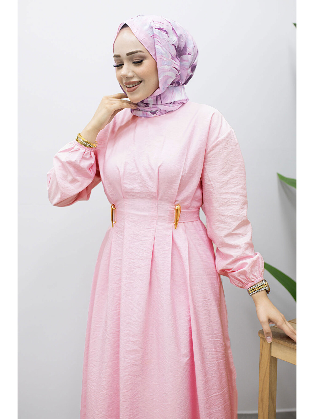 Çift Tokalı Pensli Elbise Tsd260243 Pembe-1