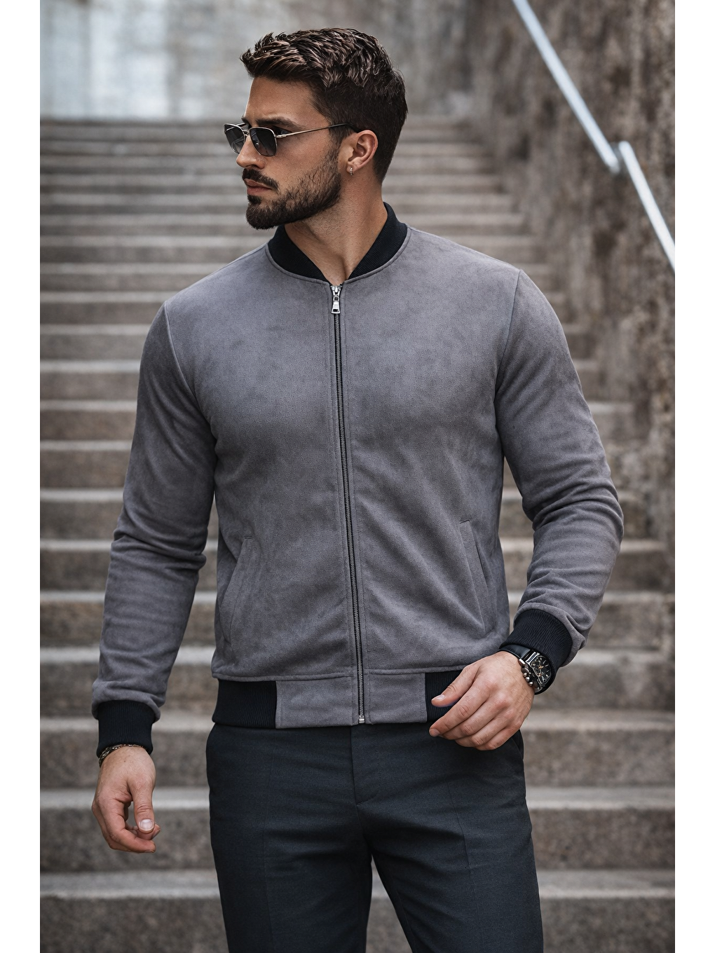 Gri Erkek Basic Dar Kalıp Füme Nubuk Ceket