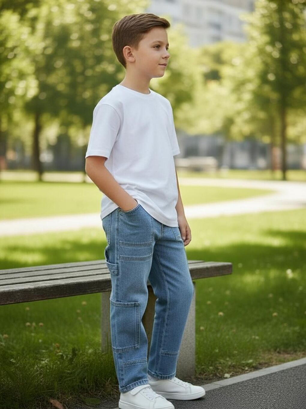 Erkek Çocuk Açık Mavi Renk Çok Cepli Baggy-Fit Jean Pantolon-3