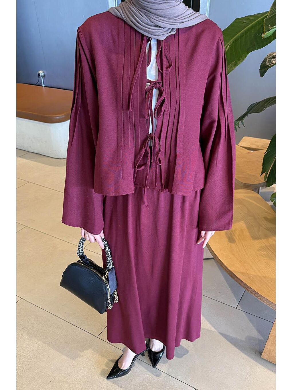 Pileli Bağlama Detaylı Takım Bordo-2