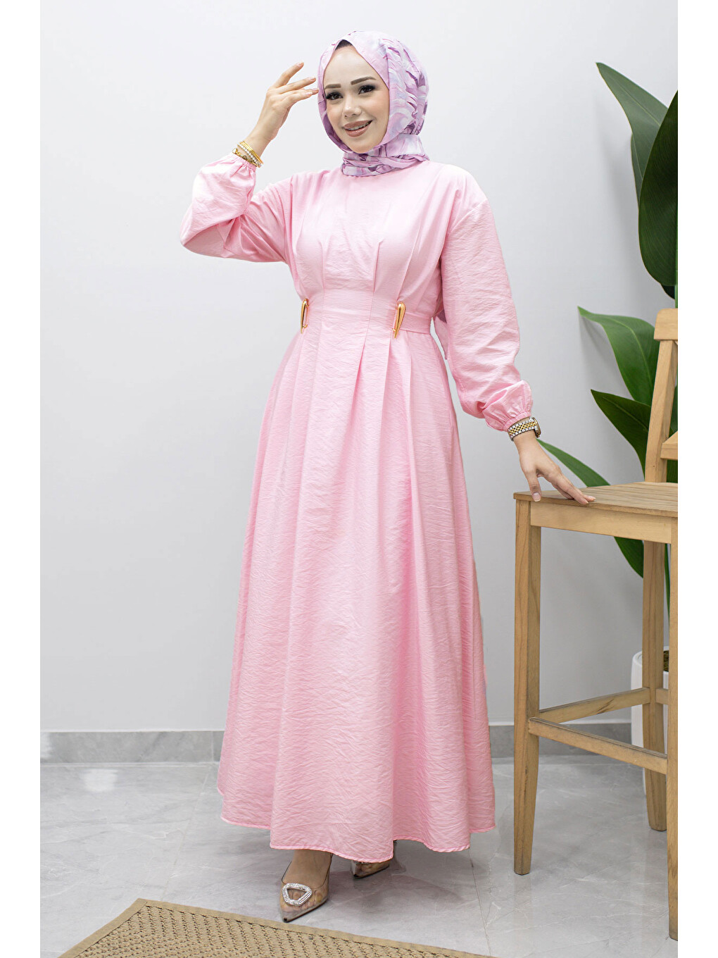 Çift Tokalı Pensli Elbise Tsd260243 Pembe-2