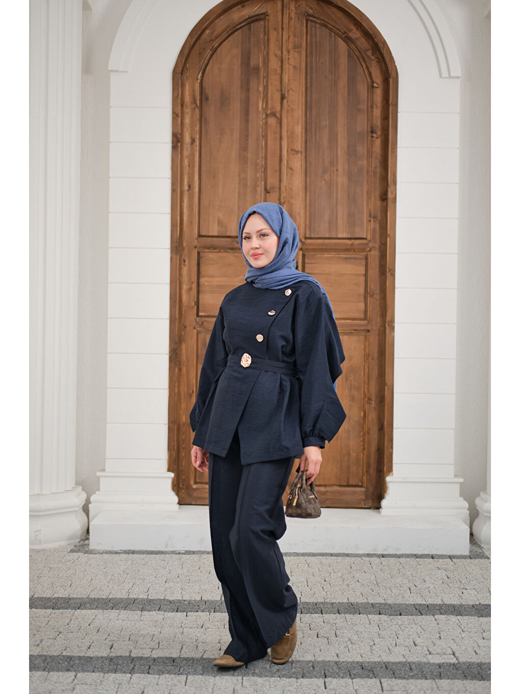 Kadın Gold Kemerli Düğme Detay Takım Lacivert-4