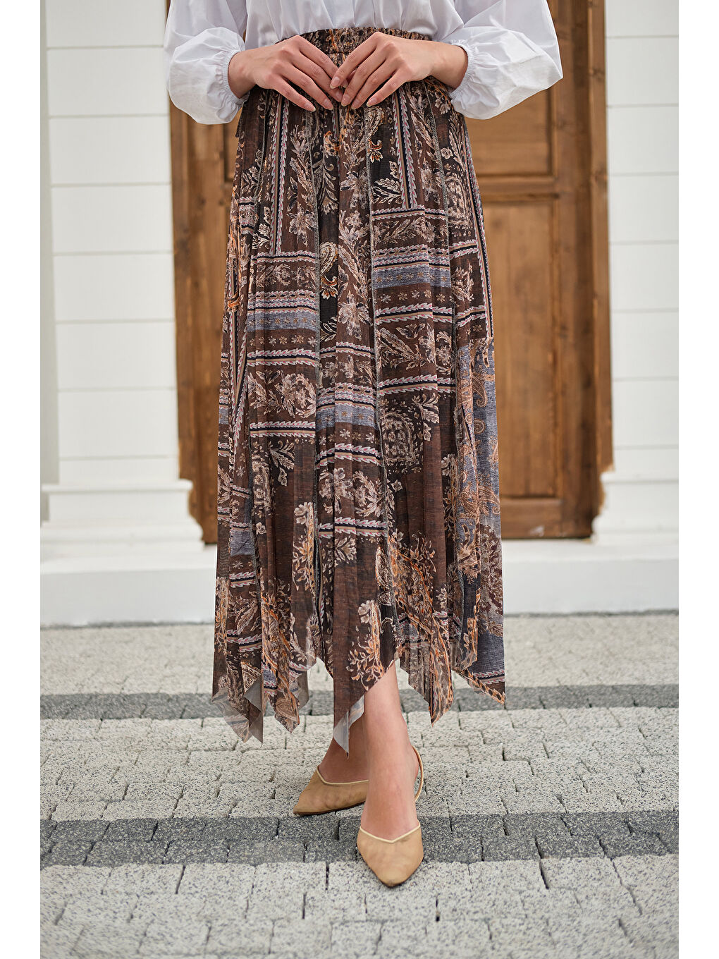 Kadın Etnik Desen Asimetrik Kesim Şifon Etek Gri-3