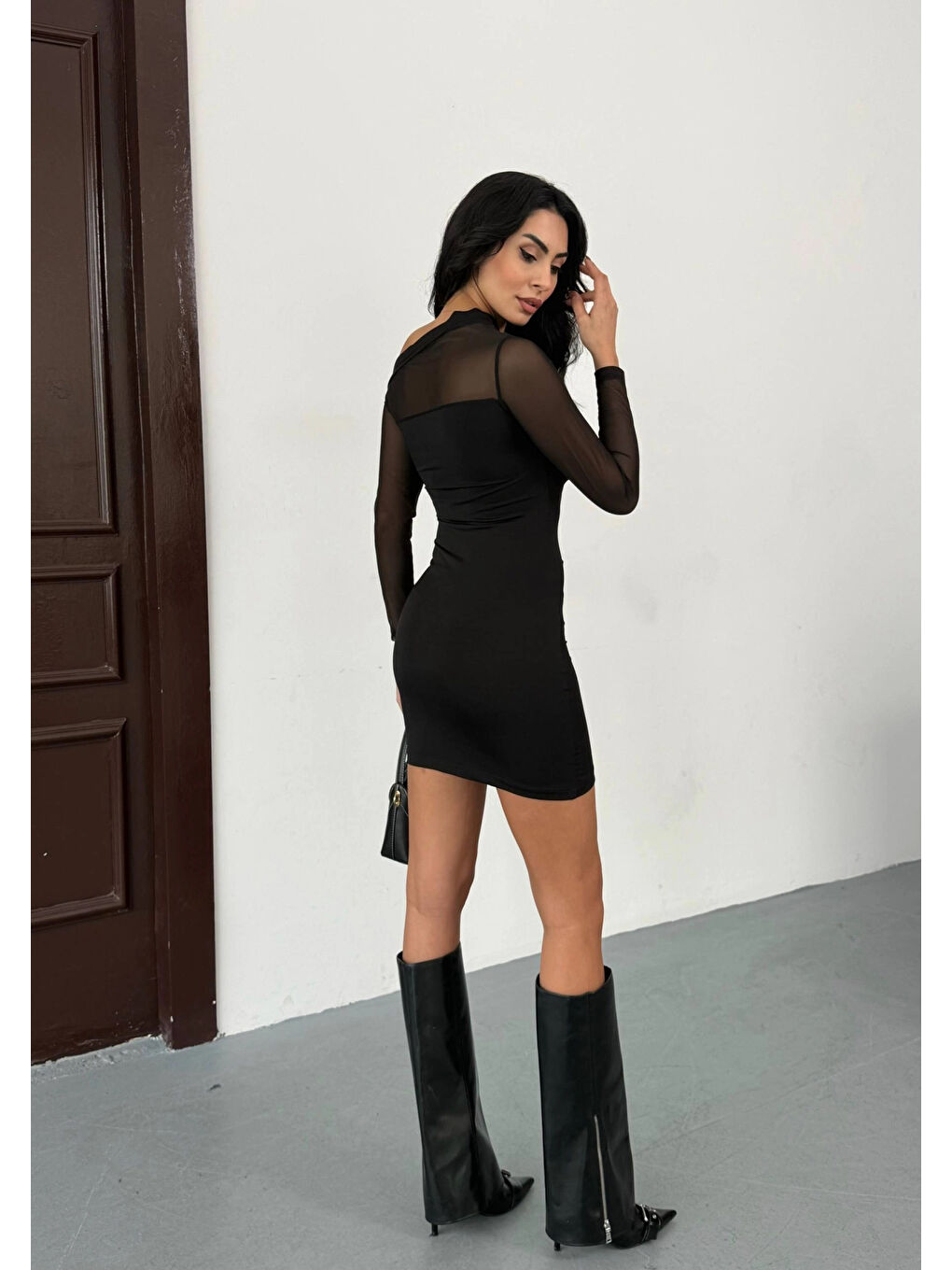 Kadın Siyah Tül ve Drape Detaylı Mini Elbise HZL25W-FRY123681-4