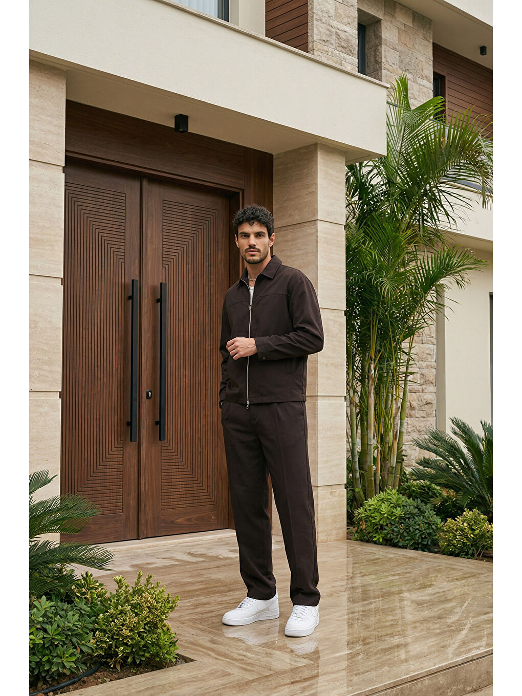 Kahverengi Artigas Premium Fermuarlı Düz Basic Ceket Pantolon Erkek Takım Relax Kalıp-1