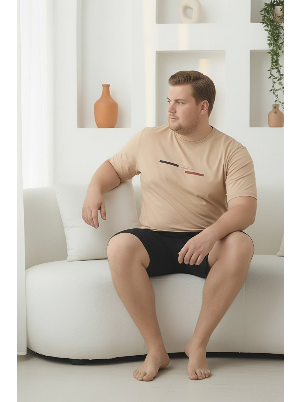 Bej %100 Pamuklu Kısa Kollu Cepli Büyük Beden Erkek Şortlu Pijama Takımı 2035-4