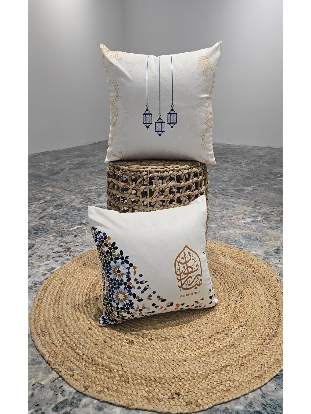 Bej Ramazan Temalı 2li  Dekoratif Kırlent Kılıfı 43x43 cm-1