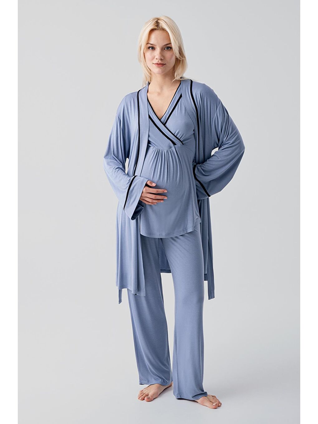 İndigo Kısa Kollu Emzirme Bölmeli Ayarlanabilir Bel Esnek Elastanlı Viskoz Soft Hamile Pijama Takım 19317