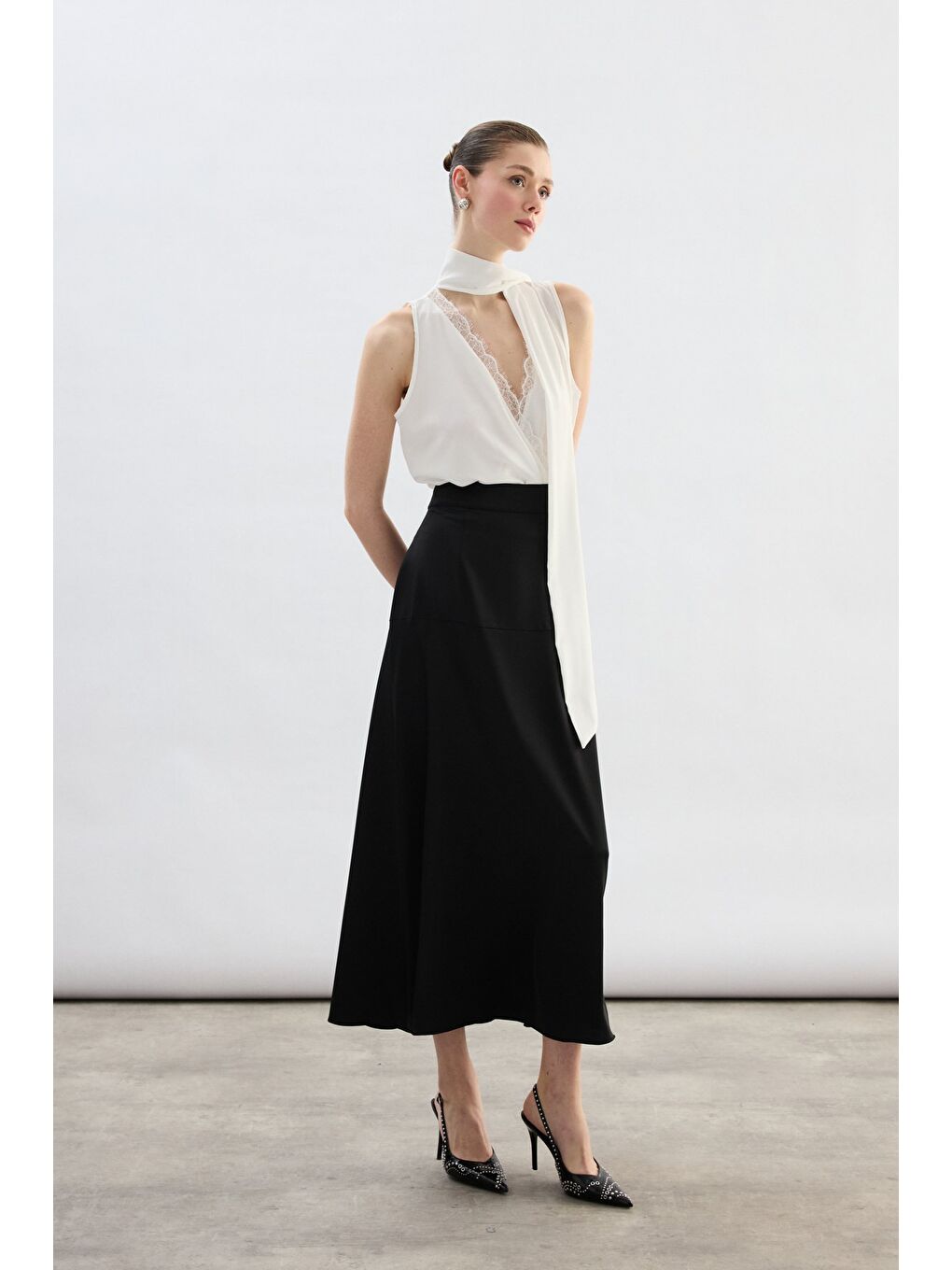 Yüksek Bel Saten Etek - Siyah-2