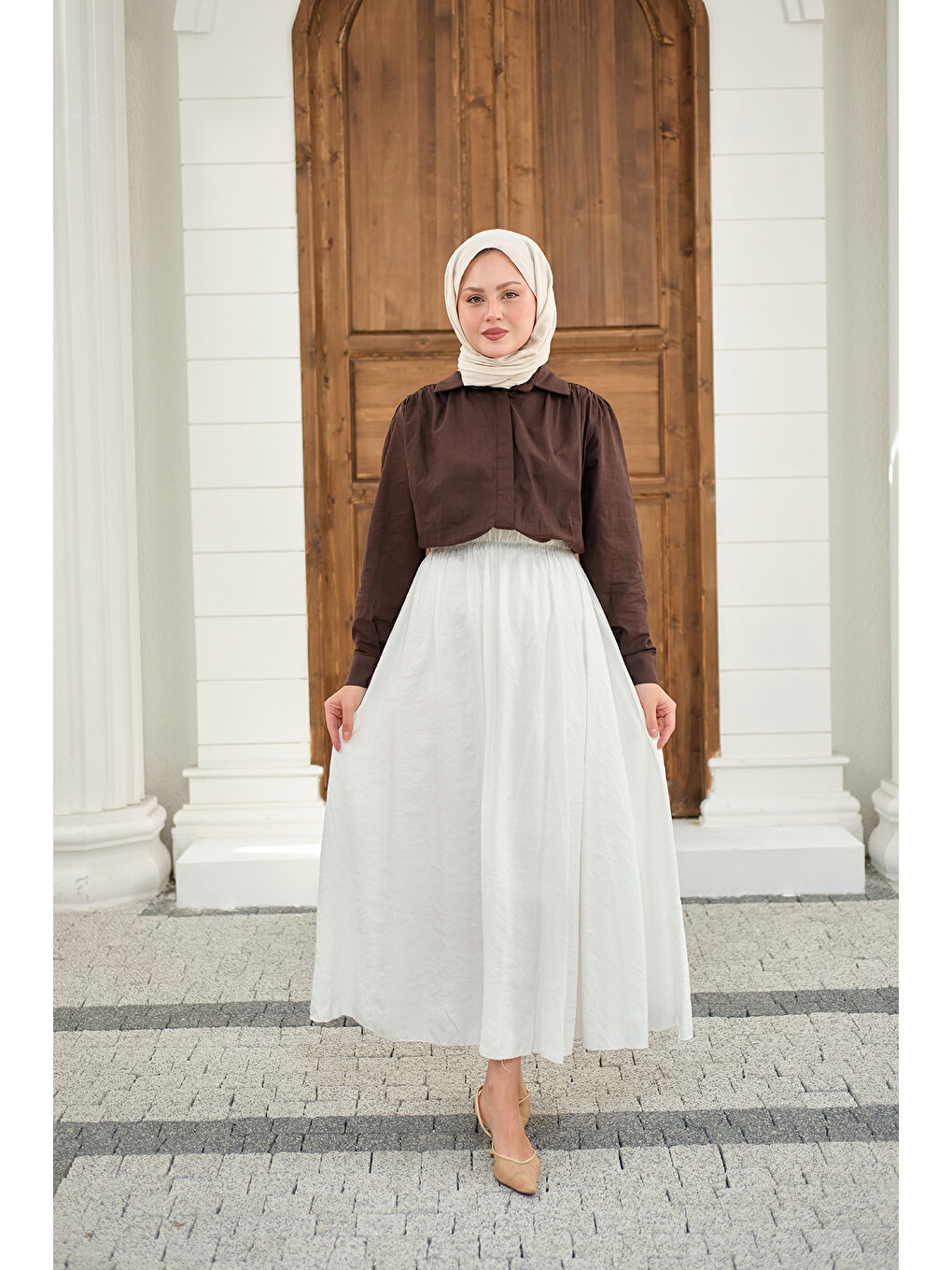 Kadın Beli Lastikli Kırışık Etek Beyaz-2