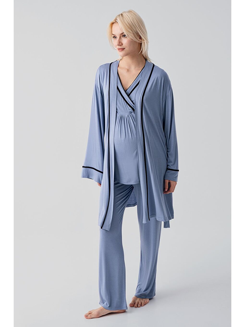 İndigo Kısa Kollu Emzirme Bölmeli Ayarlanabilir Bel Esnek Elastanlı Viskoz Soft Hamile Pijama Takım 19317-1