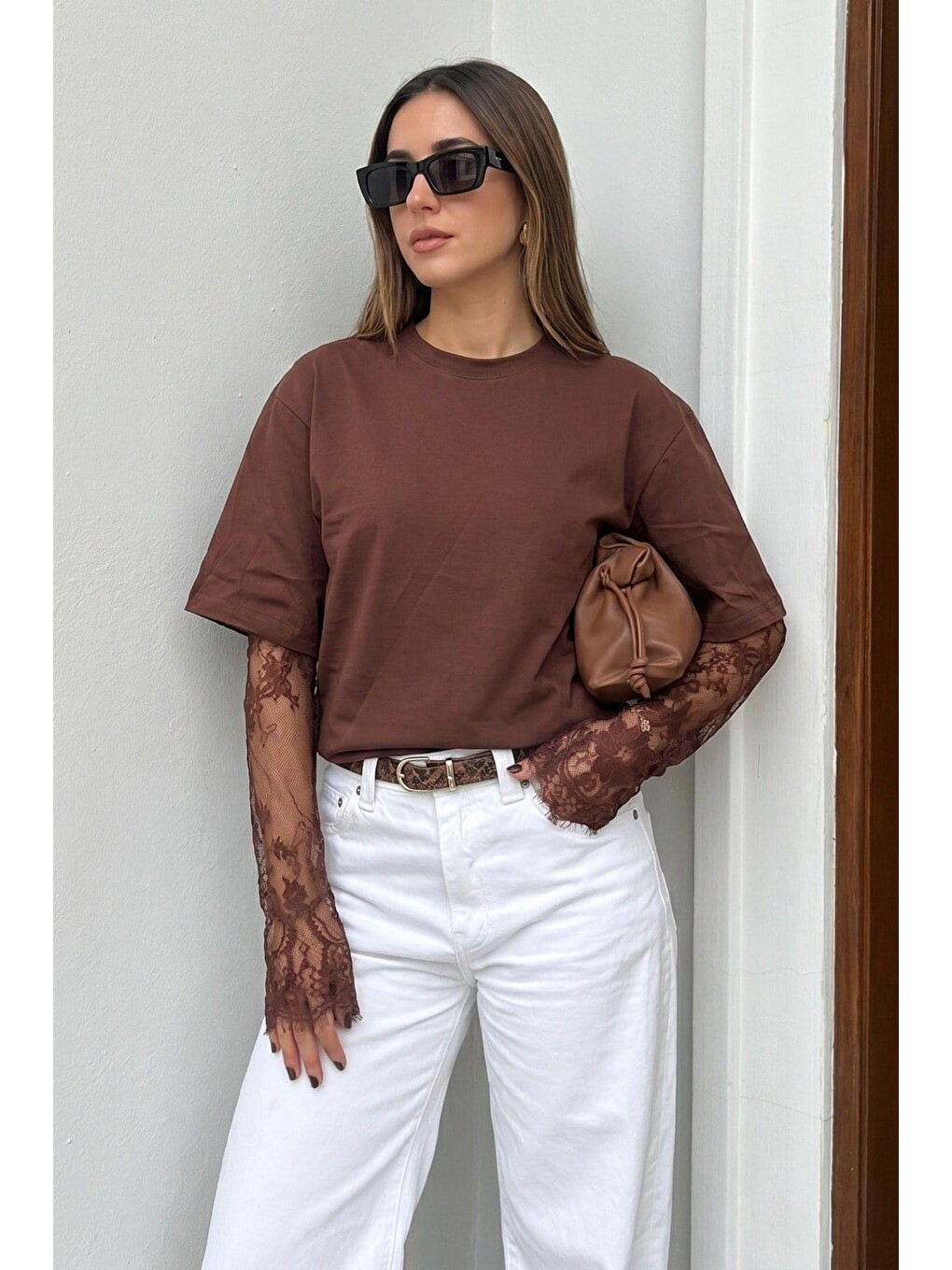 Kahverengi Acı Kahve Dantel Kollu Basic Tişört Mg2808