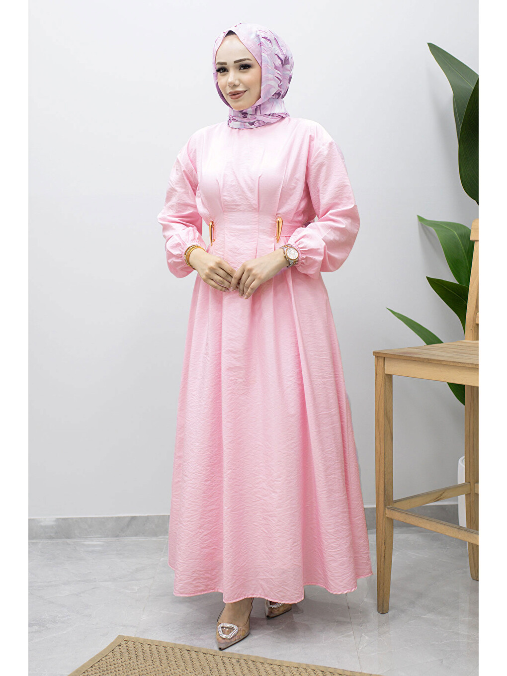 Çift Tokalı Pensli Elbise Tsd260243 Pembe-4