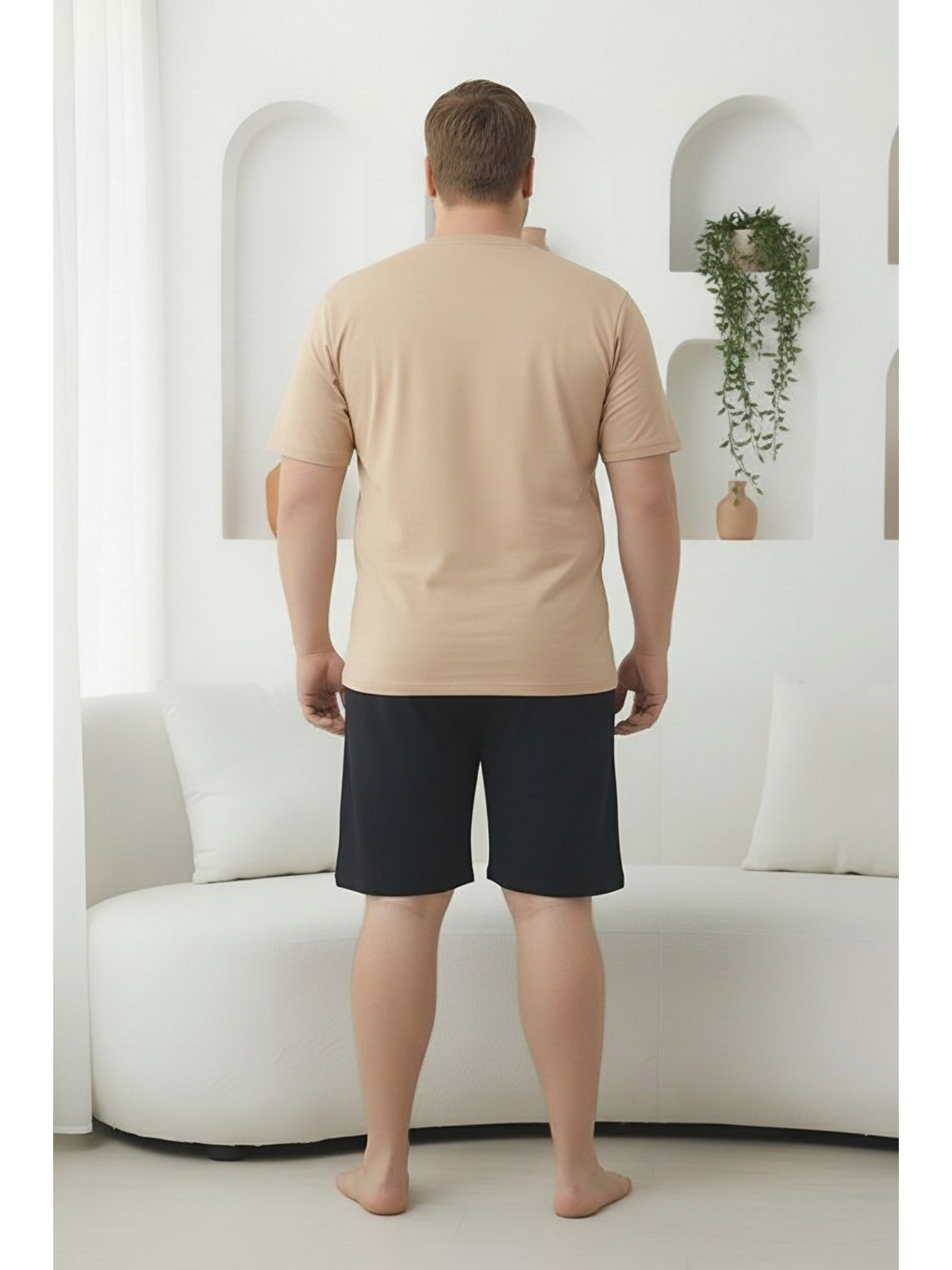 Bej %100 Pamuklu Kısa Kollu Cepli Büyük Beden Erkek Şortlu Pijama Takımı 2035-2