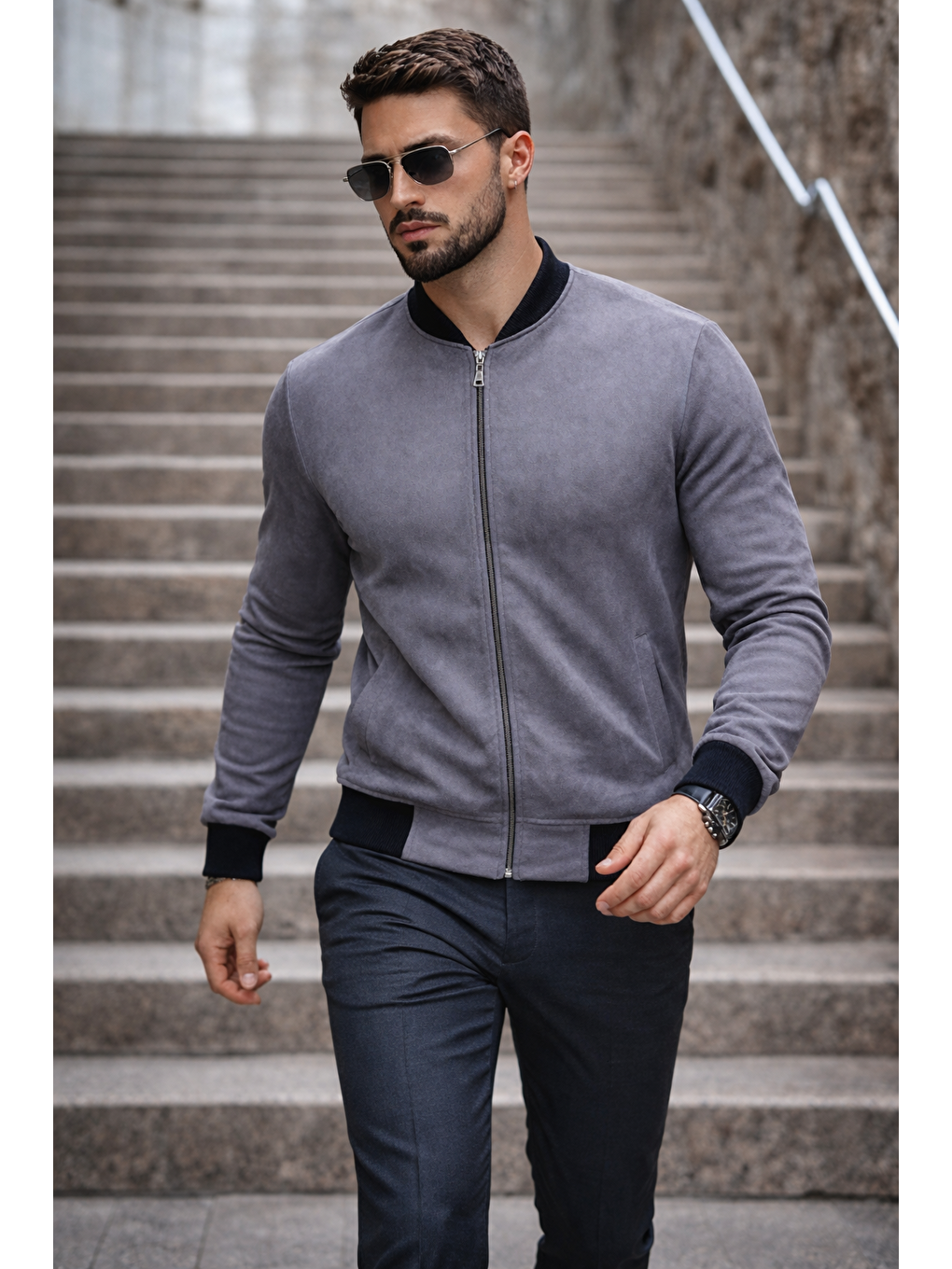 Gri Erkek Basic Dar Kalıp Füme Nubuk Ceket-1