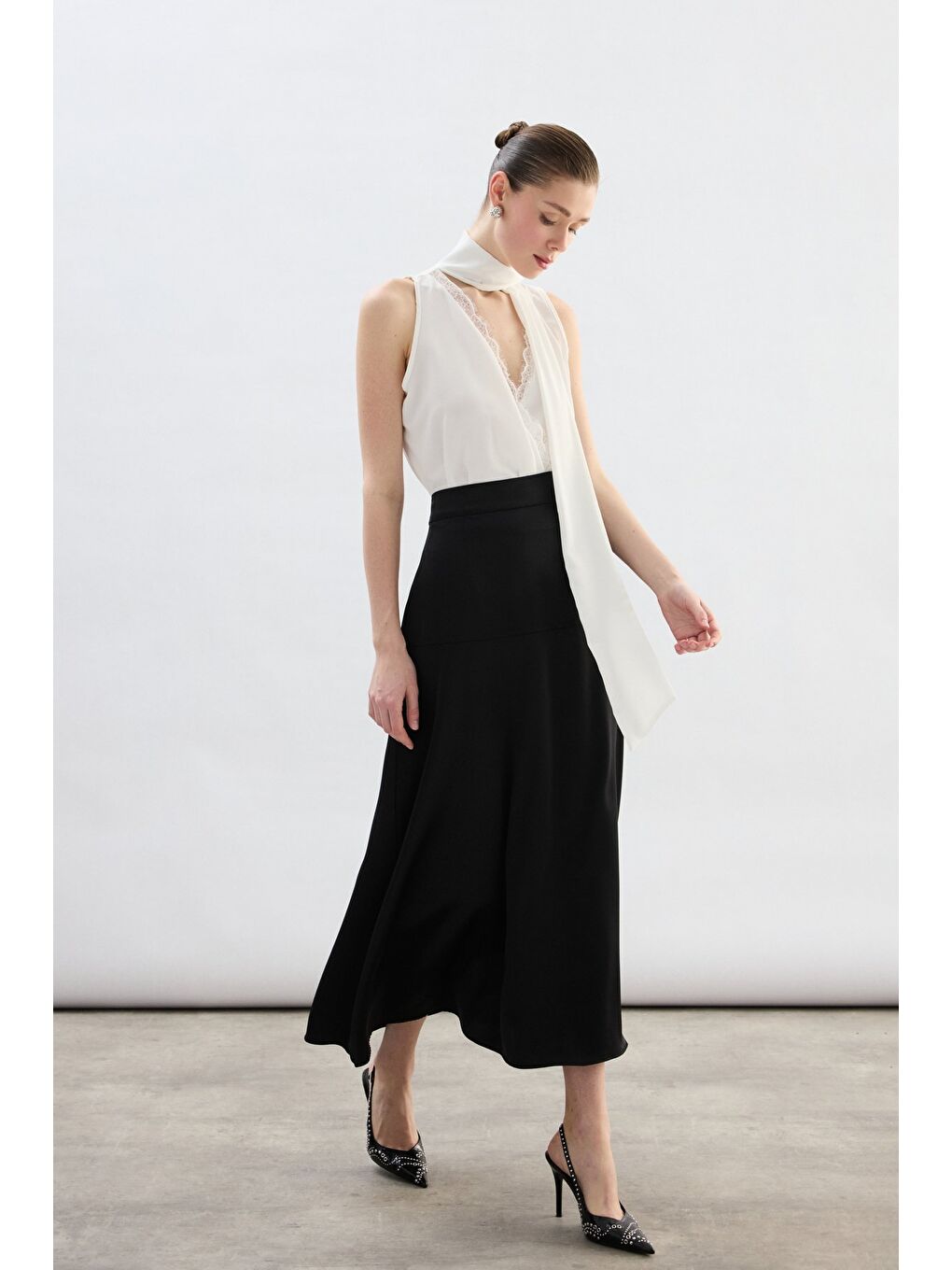 Yüksek Bel Saten Etek - Siyah-3
