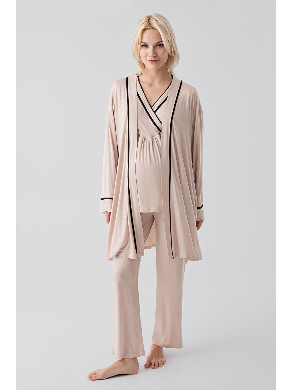 Bej Kısa Kollu Emzirme Bölmeli Ayarlanabilir Bel Esnek Viskoz Hamile Pijama Takım 19317-1