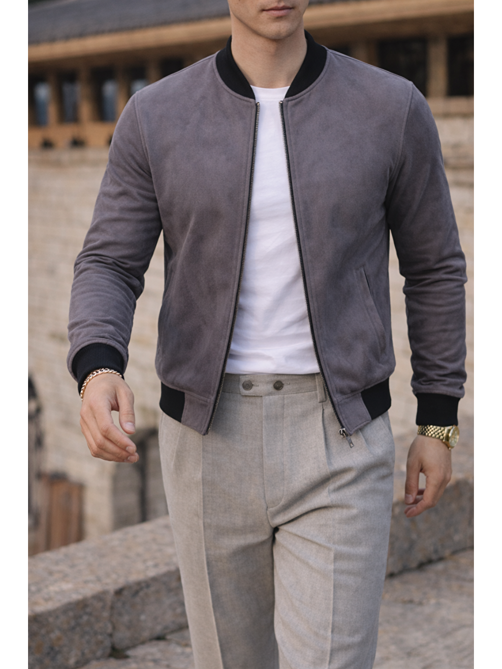 Gri Erkek Smart Casual Füme Nubuk Ceket-3