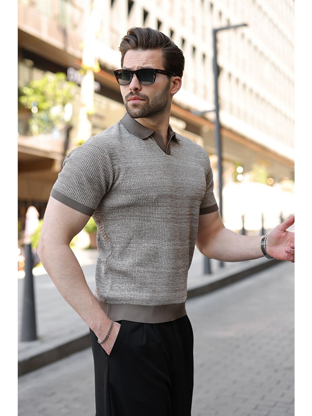 Açık Kahverengi Polo Yaka Regular Fit Erkek Triko Tişört E7496