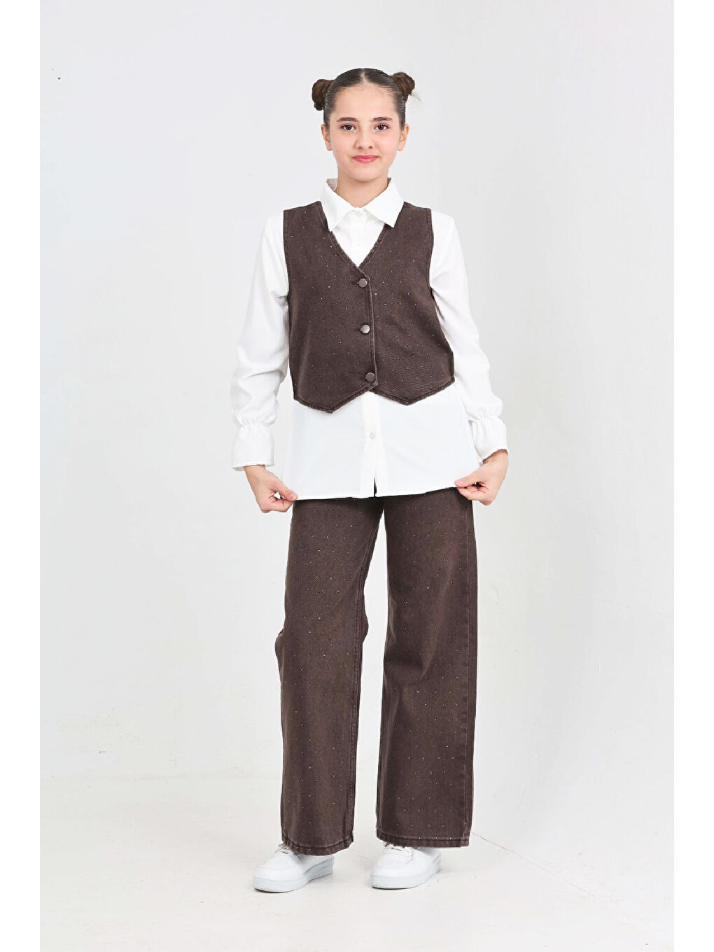 Kahverengi Kız Çocuk Taş Süslemeli 3'lü Jean Takım 5-15 Yaş 12495-1