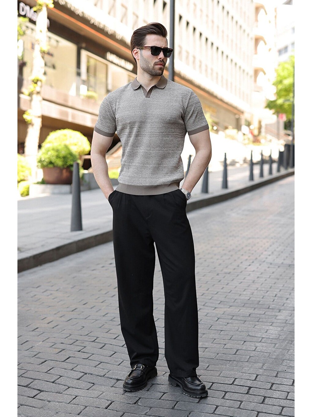 Açık Kahverengi Polo Yaka Regular Fit Erkek Triko Tişört E7496-1