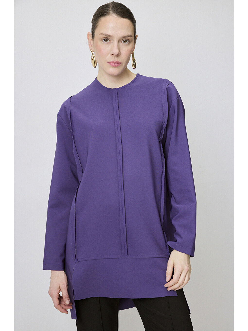 Mor Nervürlü Krep Tunik-1