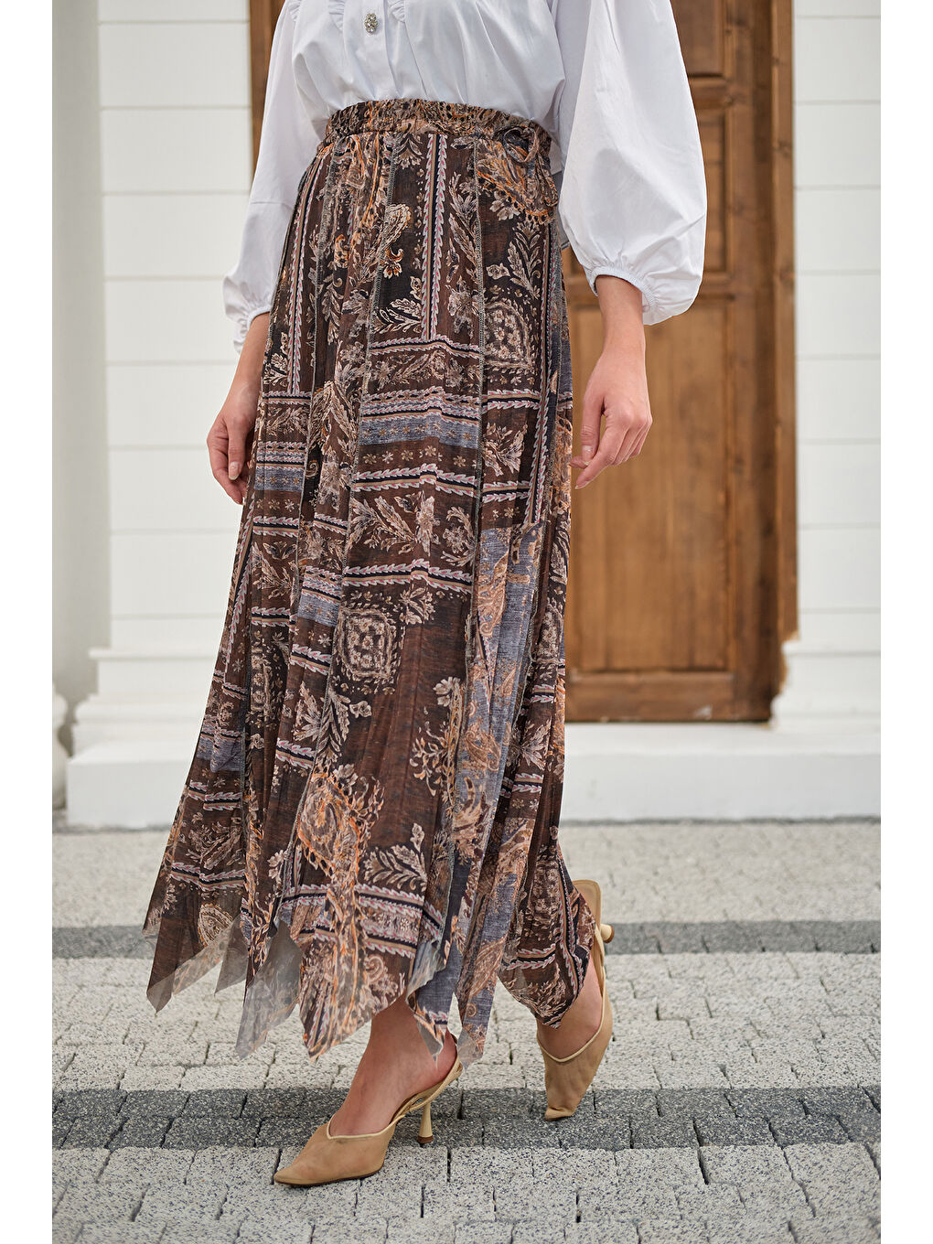 Kadın Etnik Desen Asimetrik Kesim Şifon Etek Gri-4