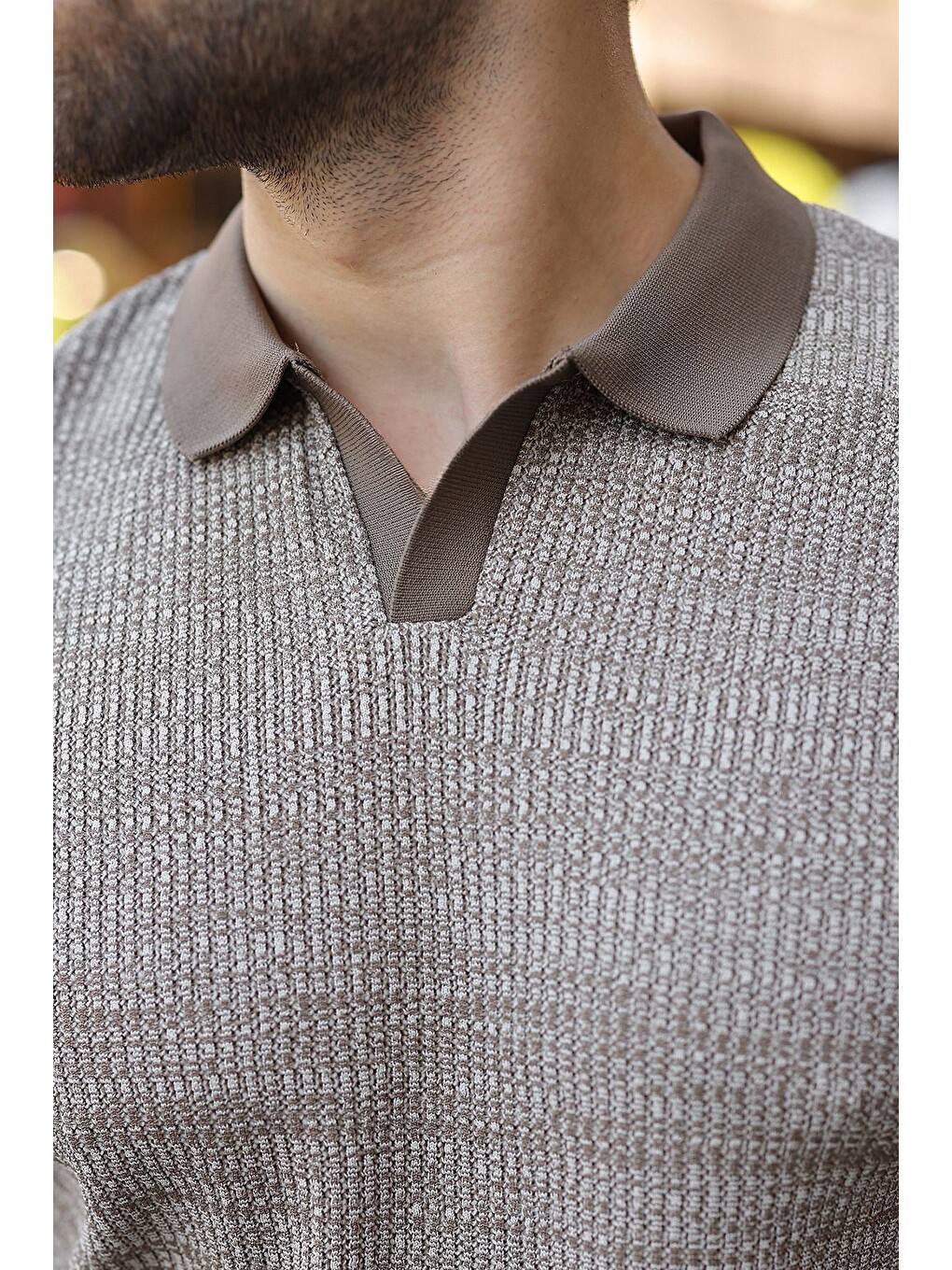 Açık Kahverengi Polo Yaka Regular Fit Erkek Triko Tişört E7496-3