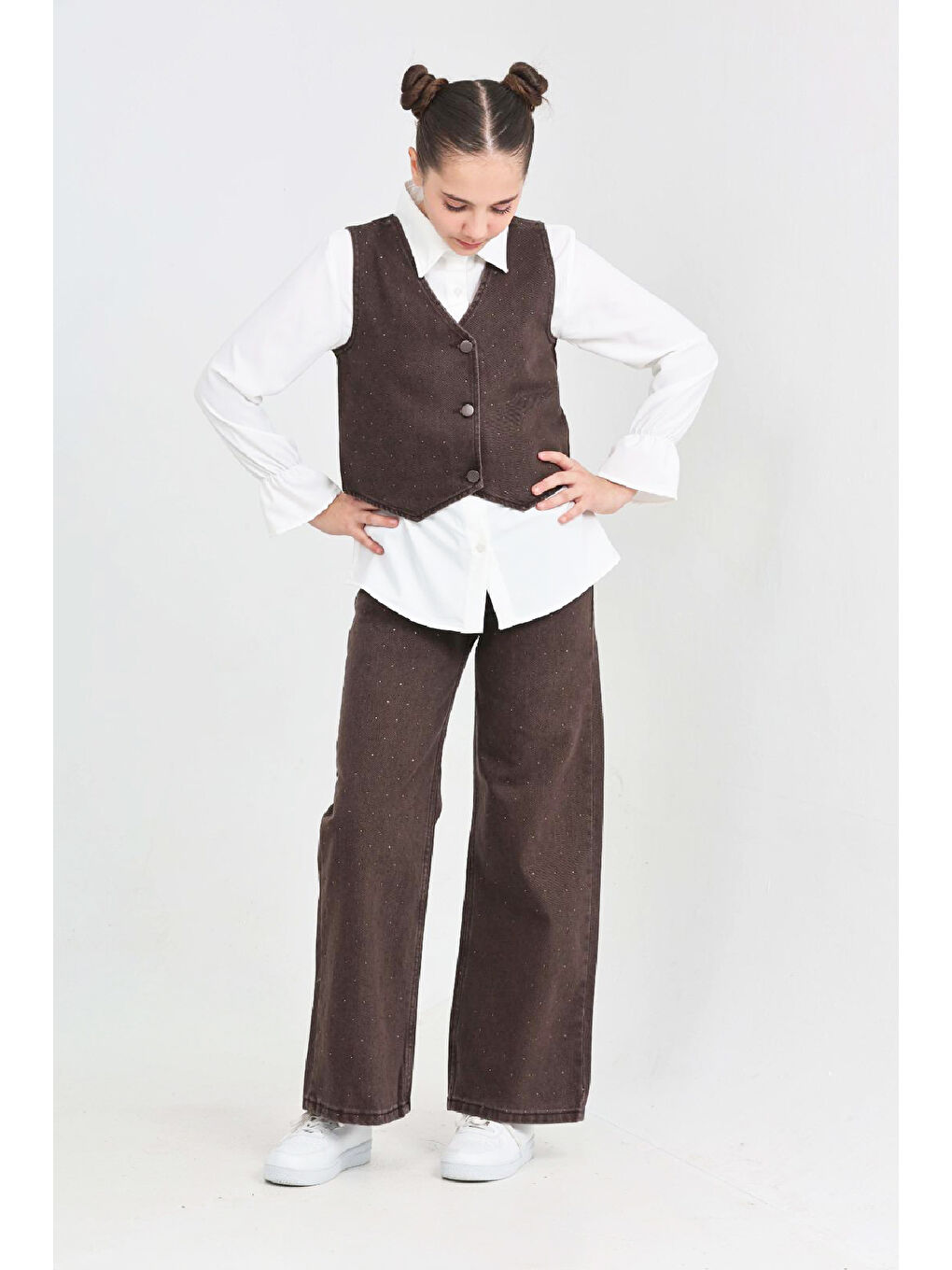 Kahverengi Kız Çocuk Taş Süslemeli 3'lü Jean Takım 5-15 Yaş 12495-3