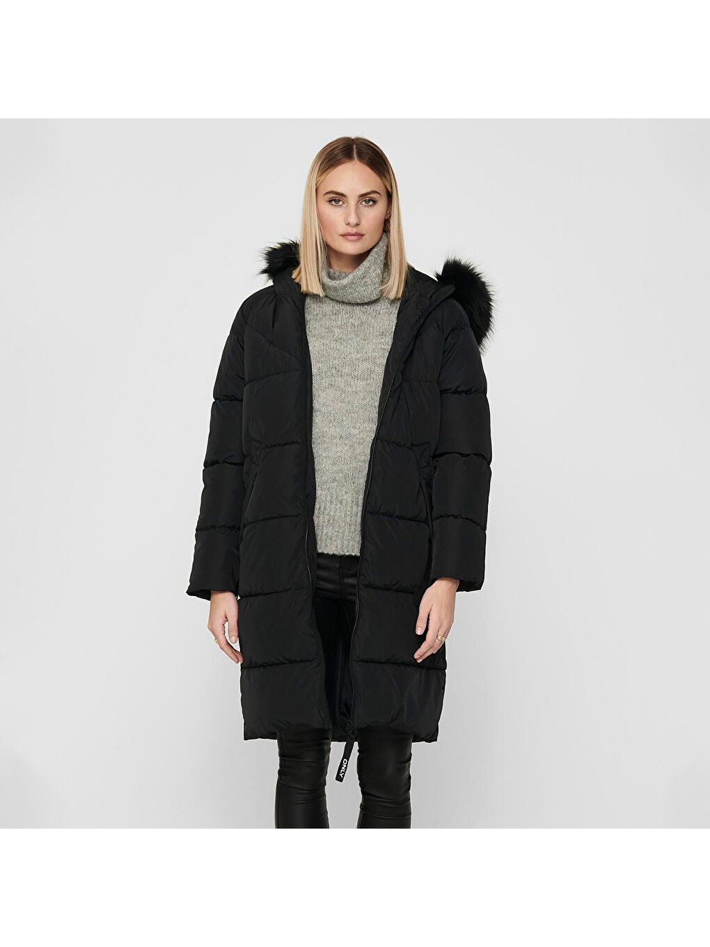 Only Monica Long Puffer Coat Kadın Siyah Kapüşonlu Mont