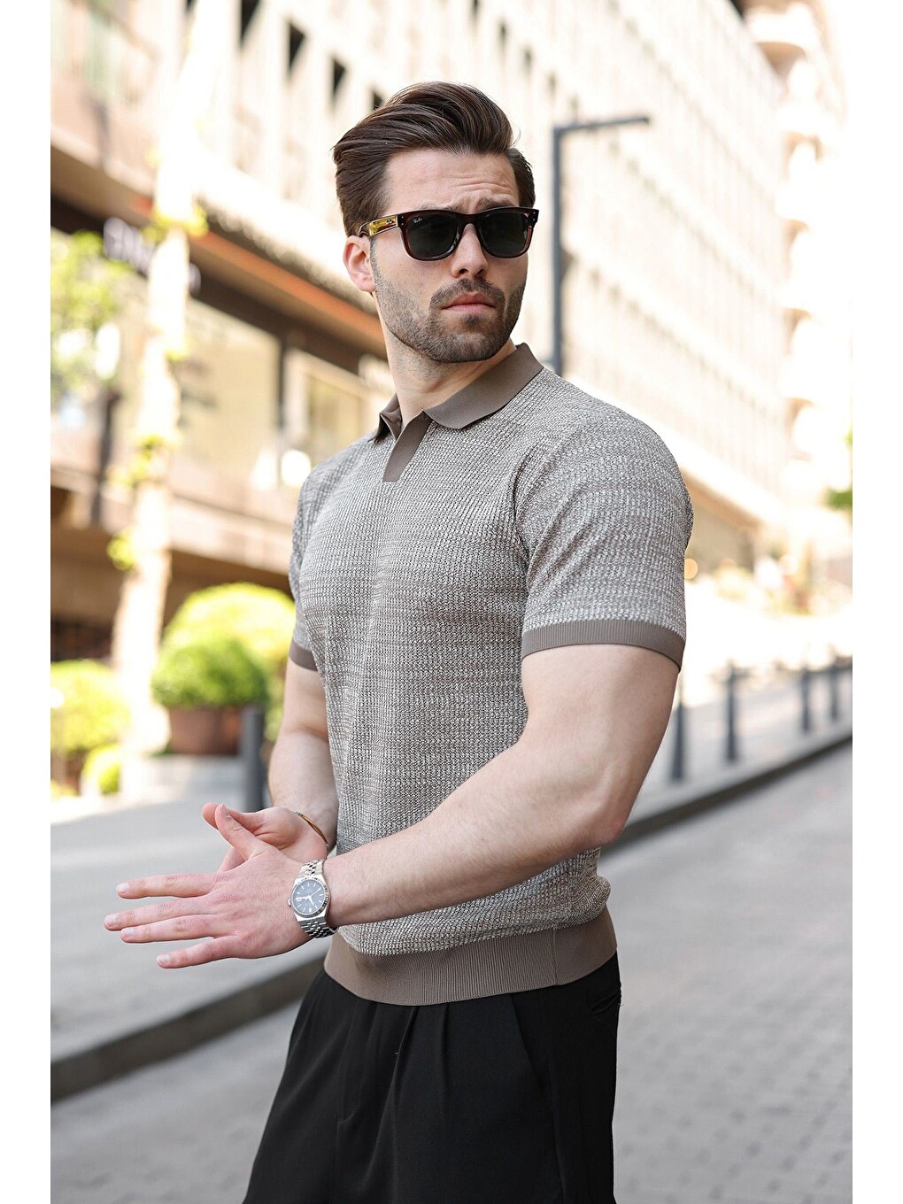 Açık Kahverengi Polo Yaka Regular Fit Erkek Triko Tişört E7496-4