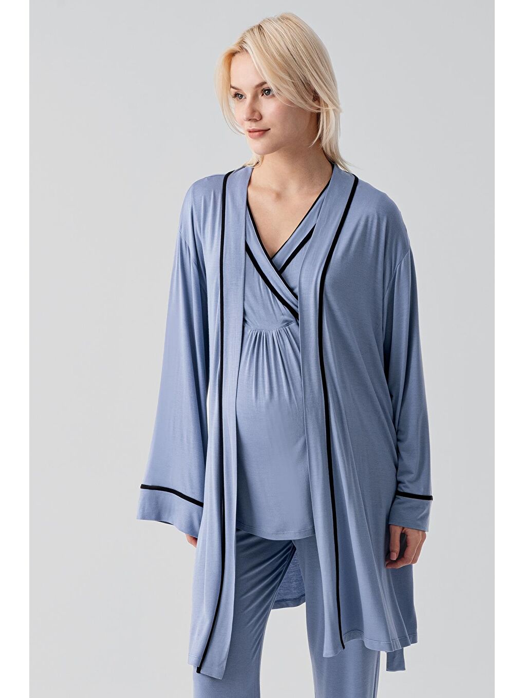 İndigo Kısa Kollu Emzirme Bölmeli Ayarlanabilir Bel Esnek Elastanlı Viskoz Soft Hamile Pijama Takım 19317-5