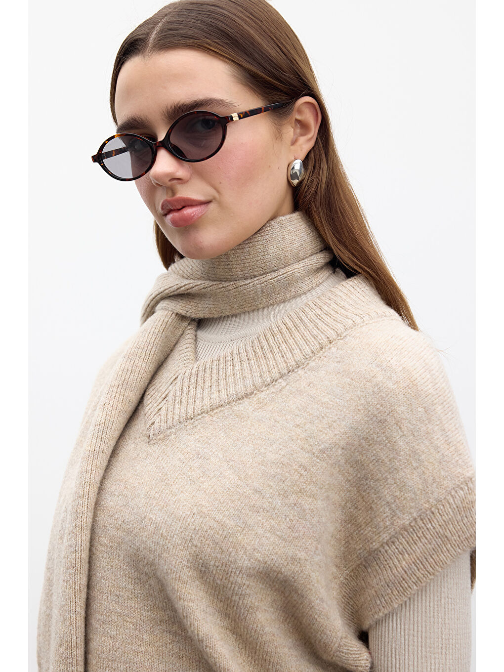 Düz Örgü Atkılı Triko Süveter Bej-3