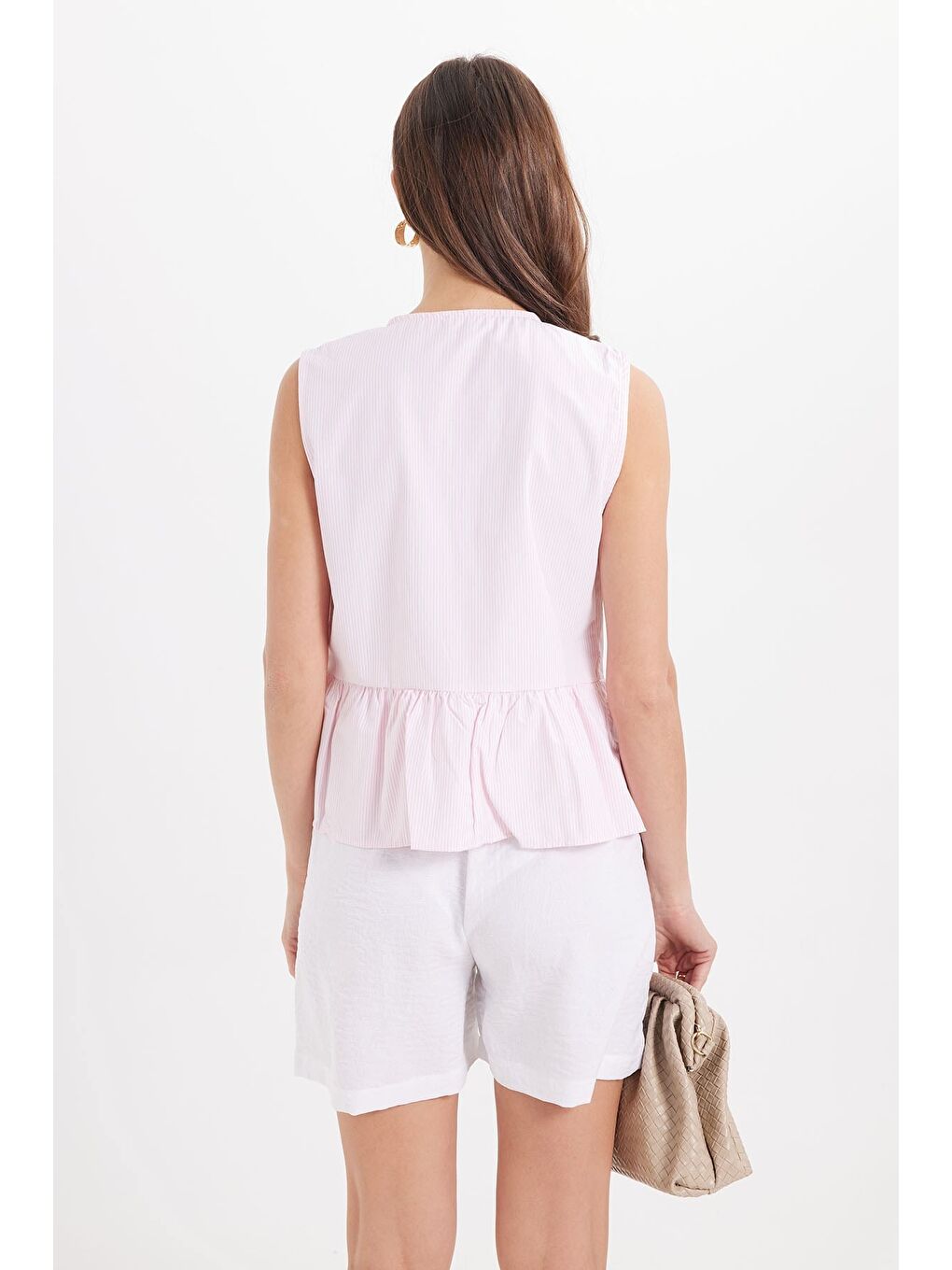 Kadın Slim Fit Dar Kesim Önden Bağlamalı Pamuklu Çizgili Pembe Bluz Gömlek-6