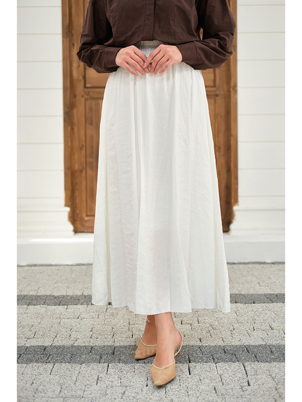 Kadın Beli Lastikli Kırışık Etek Beyaz-3