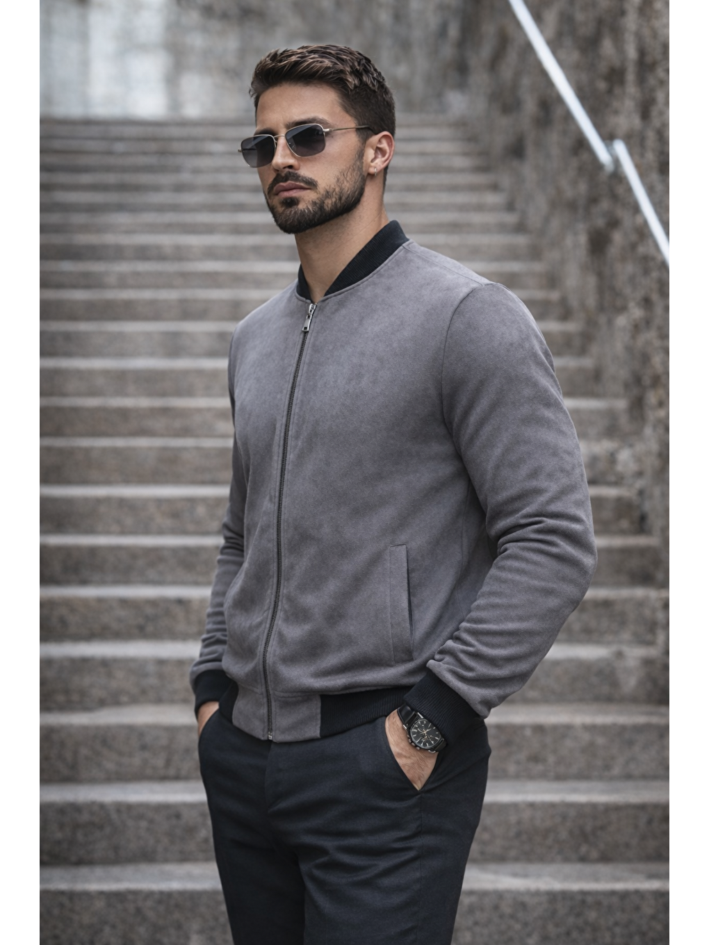 Gri Erkek Basic Dar Kalıp Füme Nubuk Ceket-2