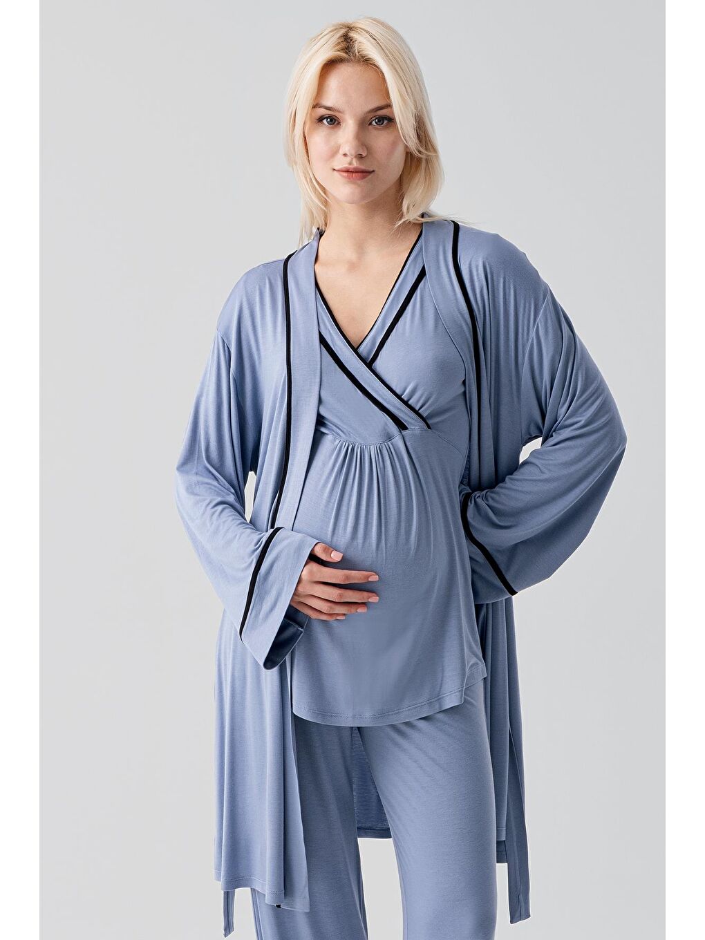 İndigo Kısa Kollu Emzirme Bölmeli Ayarlanabilir Bel Esnek Elastanlı Viskoz Soft Hamile Pijama Takım 19317-6