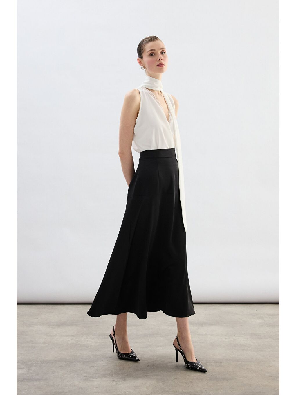 Yüksek Bel Saten Etek - Siyah-5