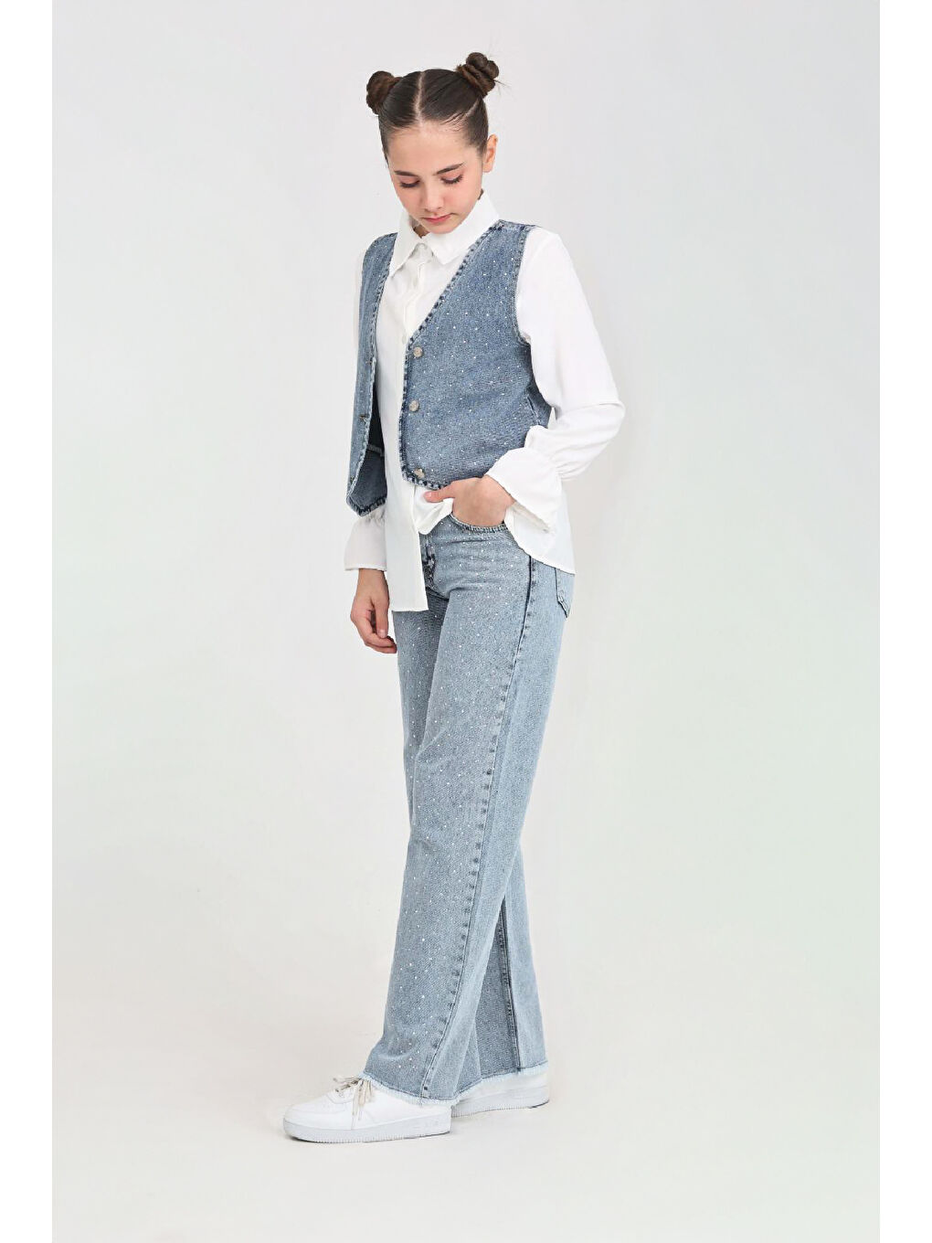 Mavi Kız Çocuk Taş Süslemeli 3'lü Jean Takım 5-15 Yaş 12495