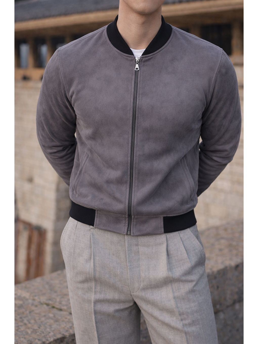 Gri Erkek Smart Casual Füme Nubuk Ceket-4