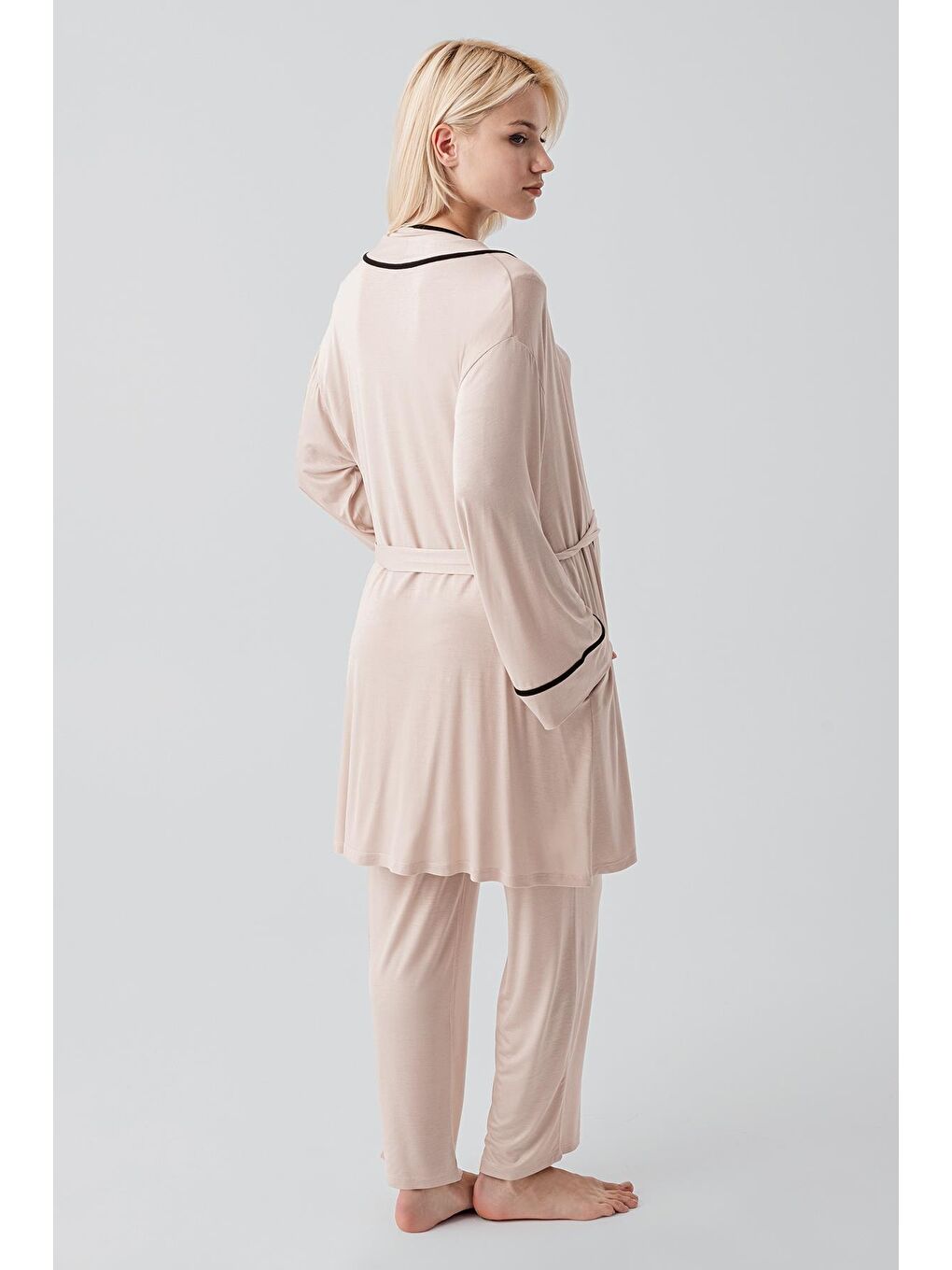 Bej Kısa Kollu Emzirme Bölmeli Ayarlanabilir Bel Esnek Viskoz Hamile Pijama Takım 19317-6
