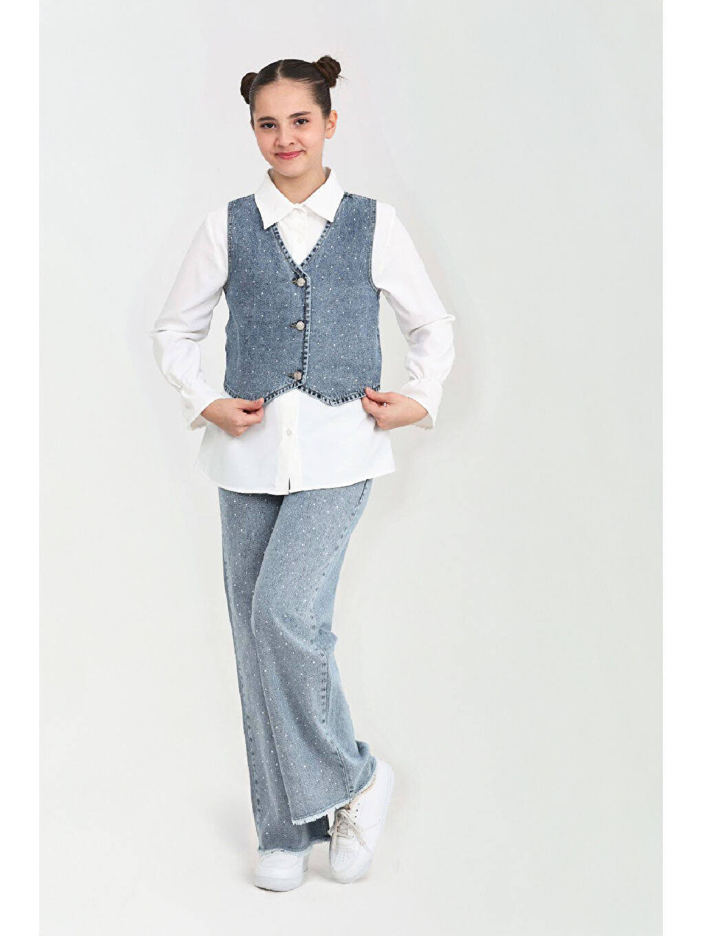 Mavi Kız Çocuk Taş Süslemeli 3'lü Jean Takım 5-15 Yaş 12495-1