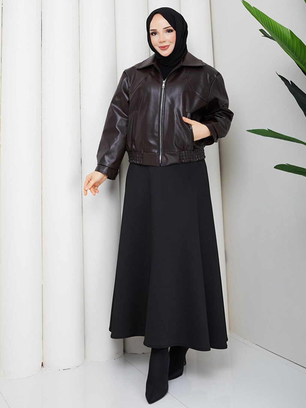 Kahverengi Kadın Trend Premium Mevsimlik Bomber Kahve Deri Ceket-1