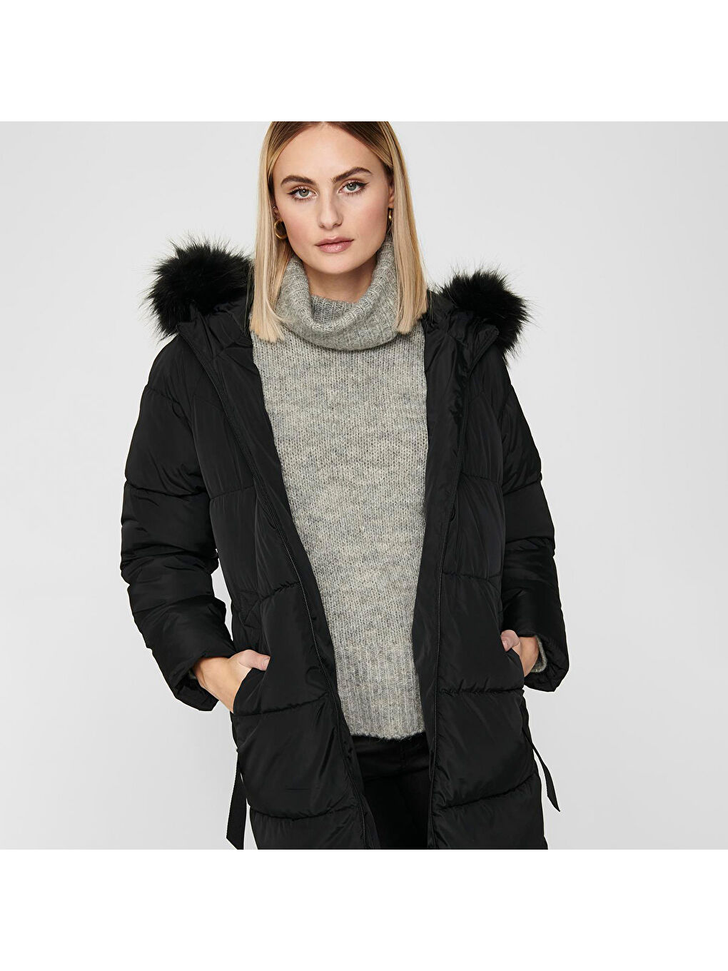 Only Monica Long Puffer Coat Kadın Siyah Kapüşonlu Mont - 2