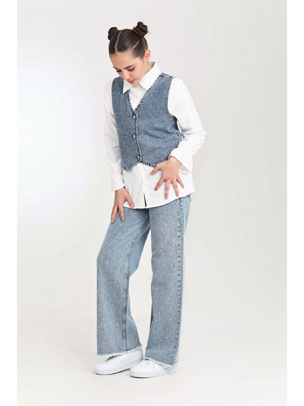 Mavi Kız Çocuk Taş Süslemeli 3'lü Jean Takım 5-15 Yaş 12495-2