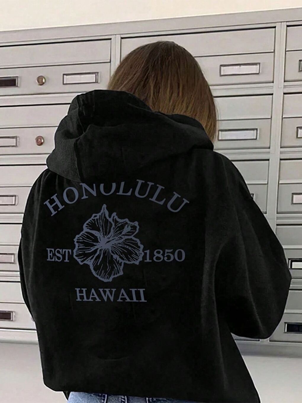 Siyah Honolulu Baskılı Oversize Sweatshirt